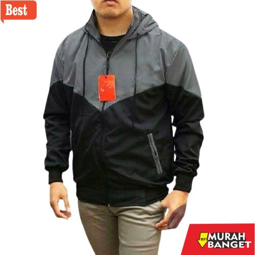 Jaket parasut pria terbaru- [COD] Termurah Jaket Parasut Olahraga Kombinasi Abu Tua Hitam Pria/Wanit