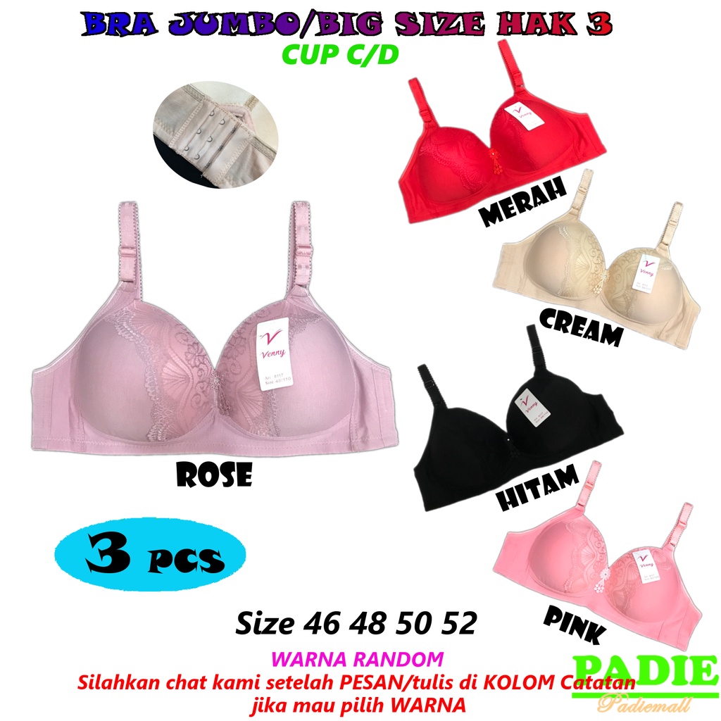 PADIe - 3 PCS BH / Bra Wanita Cewek JUMBO/BIG SIZE VENNY DD8117 Cup C/D dan Busa Sedang Tanpa Kawat 
