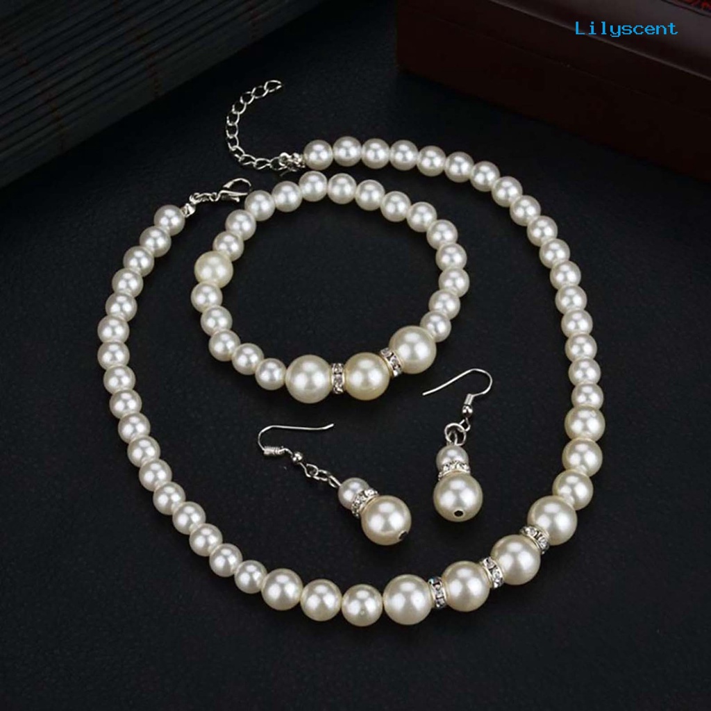 [LS]3Pcs Elegan Wanita Mutiara Imitasi Kalung Kait Anting Gelang Hadiah Perhiasan Pernikahan