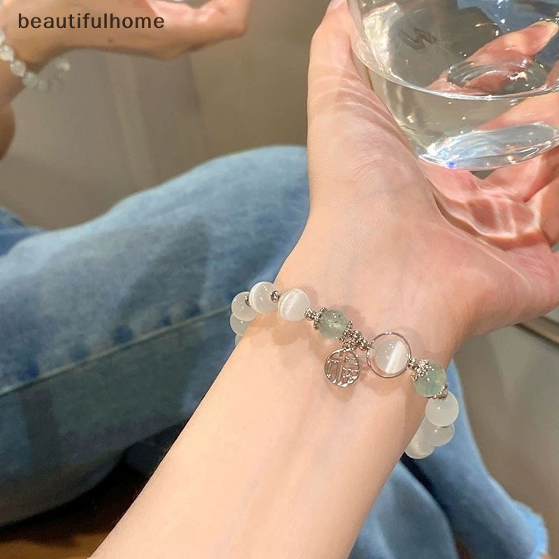 {beautifulhome} Ins Style Imitasi Opal Gelang Vintage Abu-Abu Moonston Gelang Karakter Cina Buatan Tangan Gelang Jimat Perhiasan Aksesoris Hadiah Ulang Tahun.