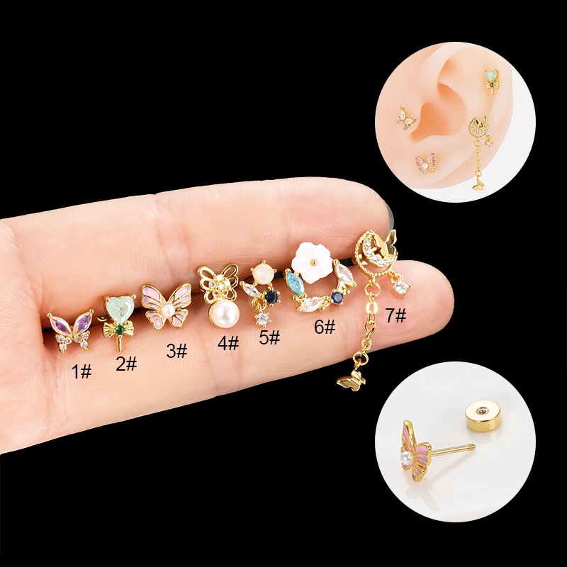 1biji 20G Zirkon Warna-Warni Kupu-Kupu Bunga Stainless Steel Tulang Rawan Helix Tragus Keong Rook Lobek Sekrup Belakang Anting Stud