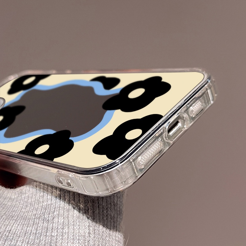 IPHONE Casing Ponsel Cermin Bunga Hitam Kompatibel Untuk Iphone11 12 13 14 12Pro 13Pro 14Pro Pro Max XR X XS Max Electroplating Tombol Perlindungan Mirror Cover