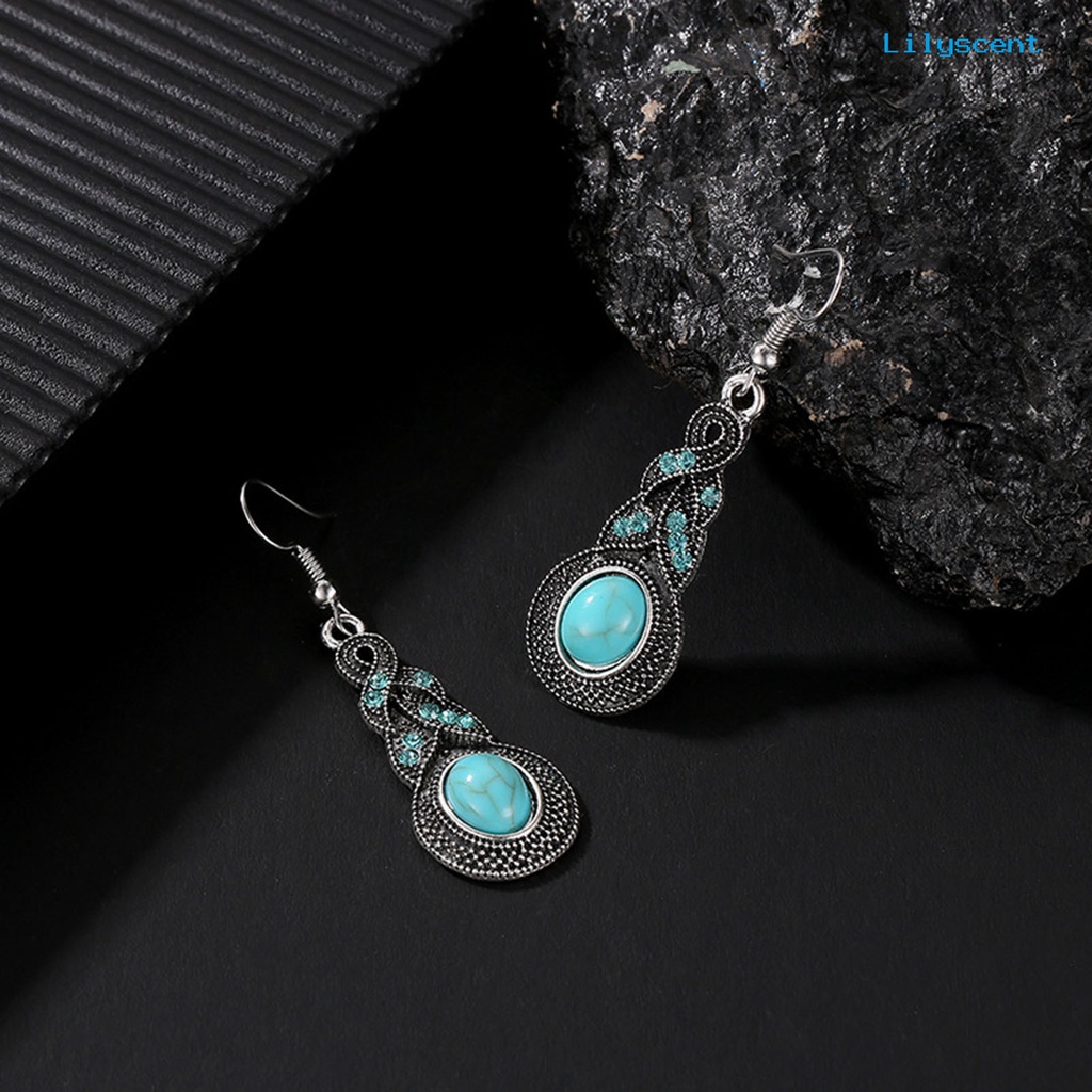 [LS]1 Set Wanita Kalung Anting Imitasi Turquoise Vintage Jewelry Set Perhiasan Berkilau Electroplating Untuk Pesta