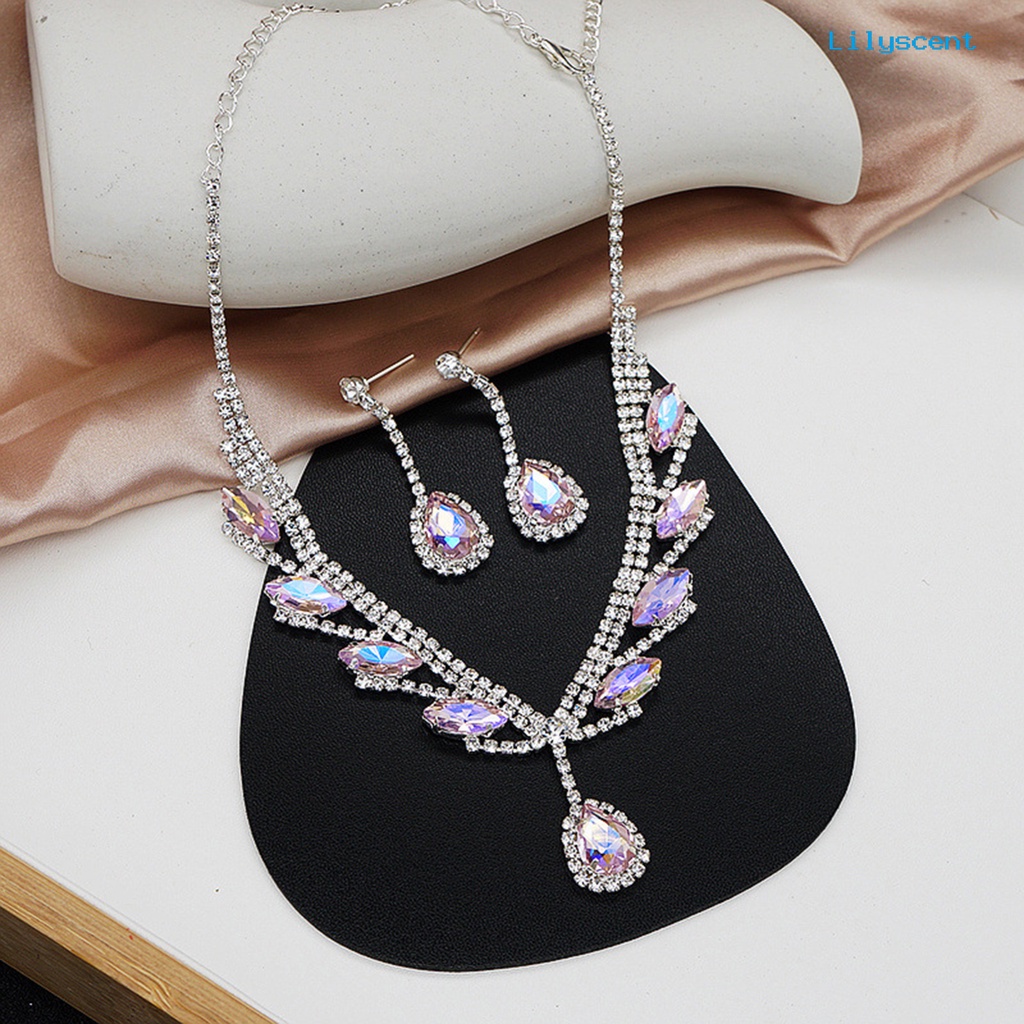 [LS]1 Set Kalung Anting Pengantin Perhiasan Berlian Imitasi Bentuk Tetesan Air Electroplating Sparkling Jewelry Set Untuk Pernikahan