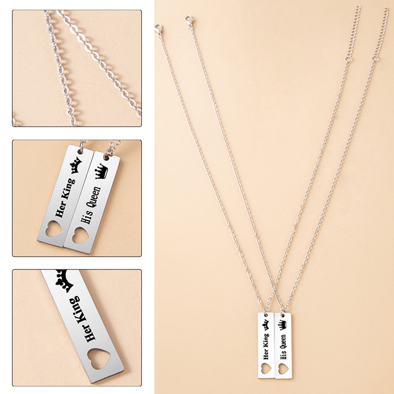 Kalung Pasangan Keren Hip Hop King Queen Stainless Steel Persegi Panjang Rantai Salib Hadiah Hari Valentine