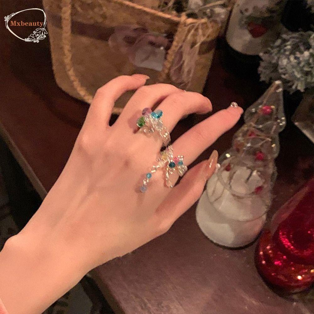 Mxbeauty Cincin Bunga, Cincin Aesthetic Korea, Cincin Kristal Dopamin Y2K Rumbai Elegan Untuk Hadiah