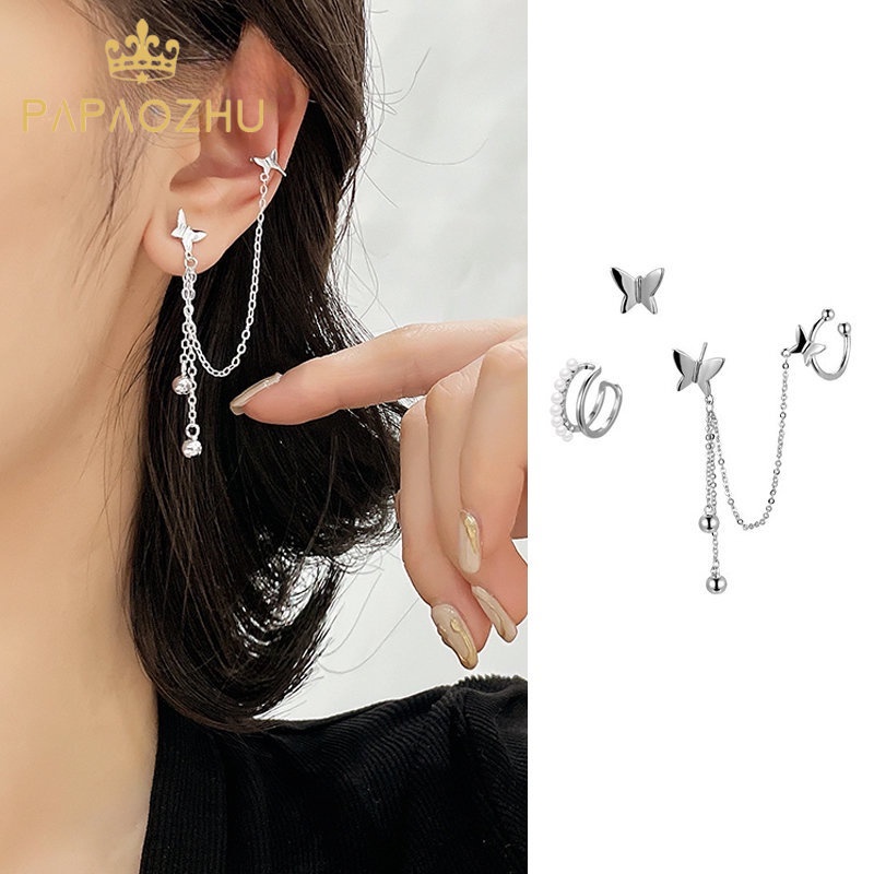 Papaozhu 3 Pcs Korea s925 Perak Menjuntai Rumbai Kupu-Kupu Klip Anting Untuk Wanita Gadis Fashion Link Rantai Cuff Earring Perhiasan Hadiah