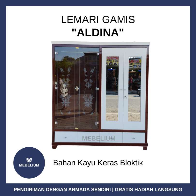Lemari Pakaian Rak Gamis 4 Pintu Aldina Kayu Bloktik / Lemari Baju Kayu Putih Kaca Transparan Rak Ga