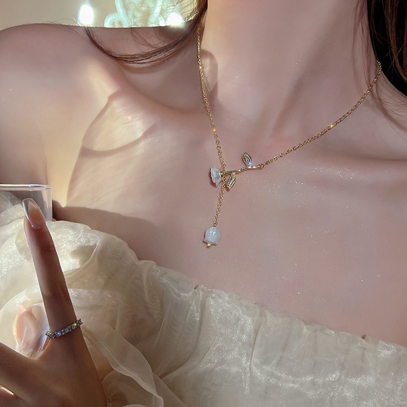 Influencer Baru Rose Gold Kalung Kaca Tetesan Air Liontin Klavikula Rantai Bulat Manik Bunga Kalung