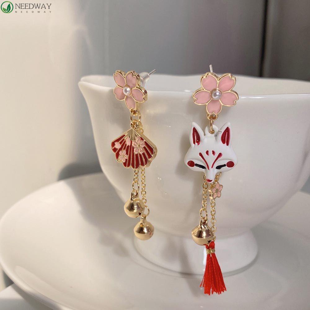 NEEDWAY Wanita Anting Stud Lucu Vintage Untuk Gadis Rumbai Tergantung Jepang Sakura Temperamen Drop Earrings