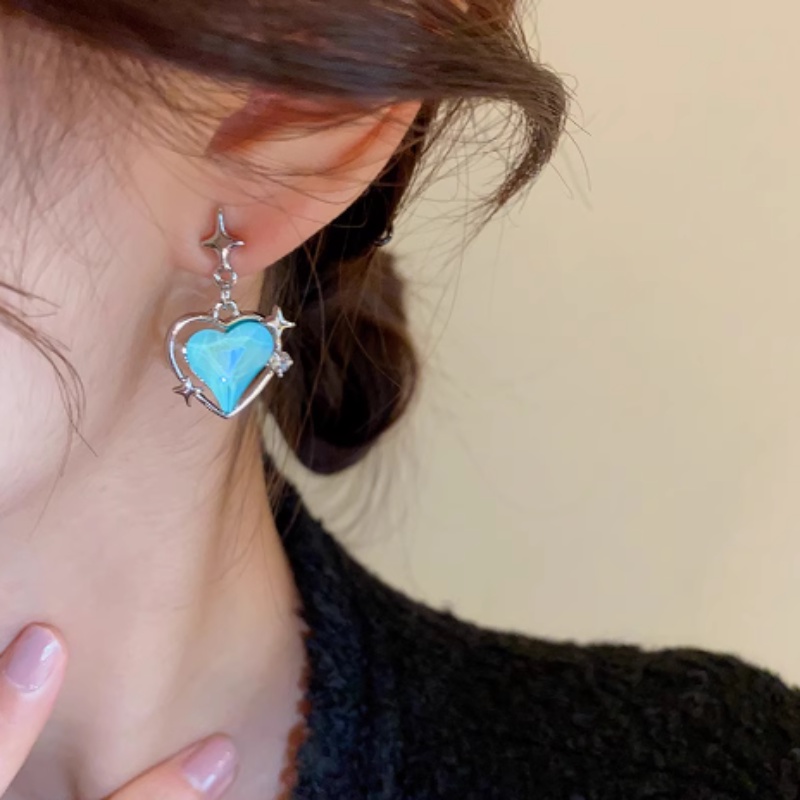 Gadis korea desain Niche jahitan bintang anting biru bentuk hati / kepribadian manis gaya keren tingkat tinggi rasa anting liontin / perhiasan telinga Fashion