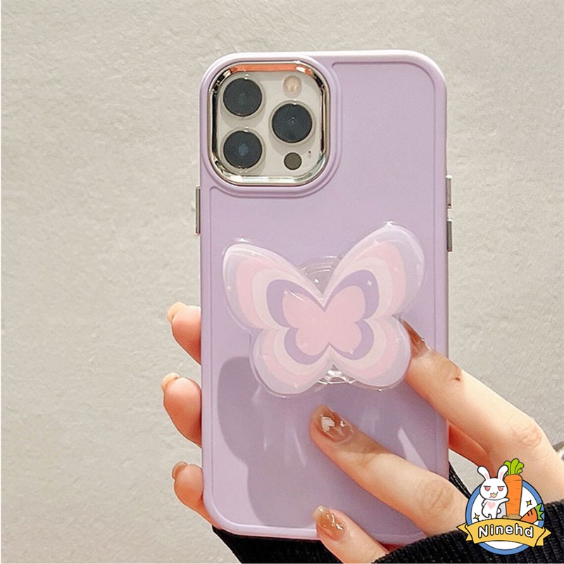 IPHONE Bingkai Plating Canggih Warna Solid Phone Case Purple Butterfly Phone Holder Kompatibel Untuk Iphone14 13 12 11 Pro Max X Xr Xs Max8 7 6 6s Plus SE Tahan Jatuh Cover Pelindung