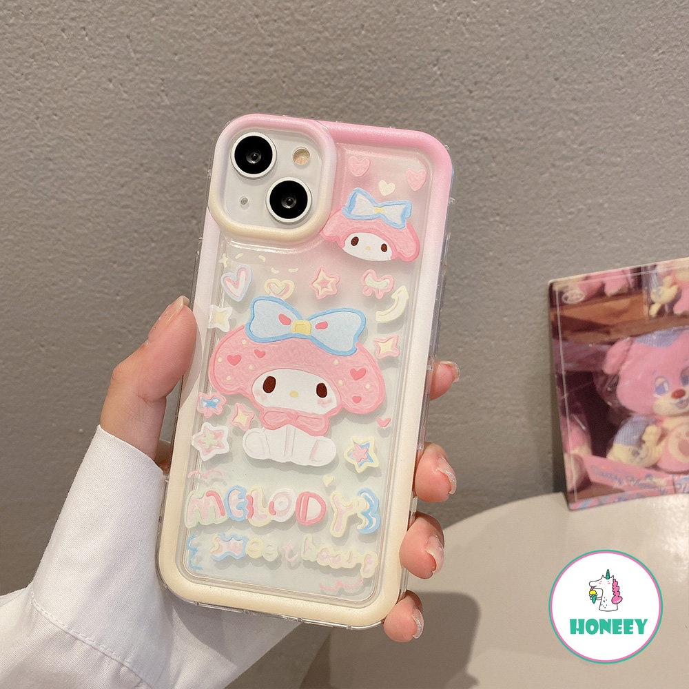 Casing Ponsel Melody Kartun Lucu Kompatibel Untuk iPhone 14 Pro 13 12 11 Pro Max XR XS 8 7Plus Bingkai Gradien Lembut Anti-Shock Air Cushion Back Cover