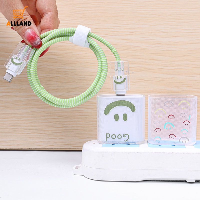 Casing Pelindung Charger TPU Bening Motif Smiley Lucu/ Kabel Data Lengan Berliku Anti Pecah/ Penutup Kepala Charge Handphone Untuk Apple 18W