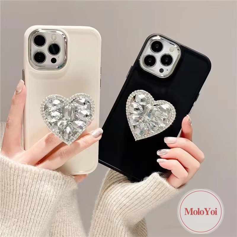 Kompatibel Untuk IPhone XR 7plus 11 14 13 12 Pro Max7 8 Plus X XS MAX Berlian Cinta Hati Bracket Phone Holder Plating Simple Mewah Warna Solid Case Soft Cover