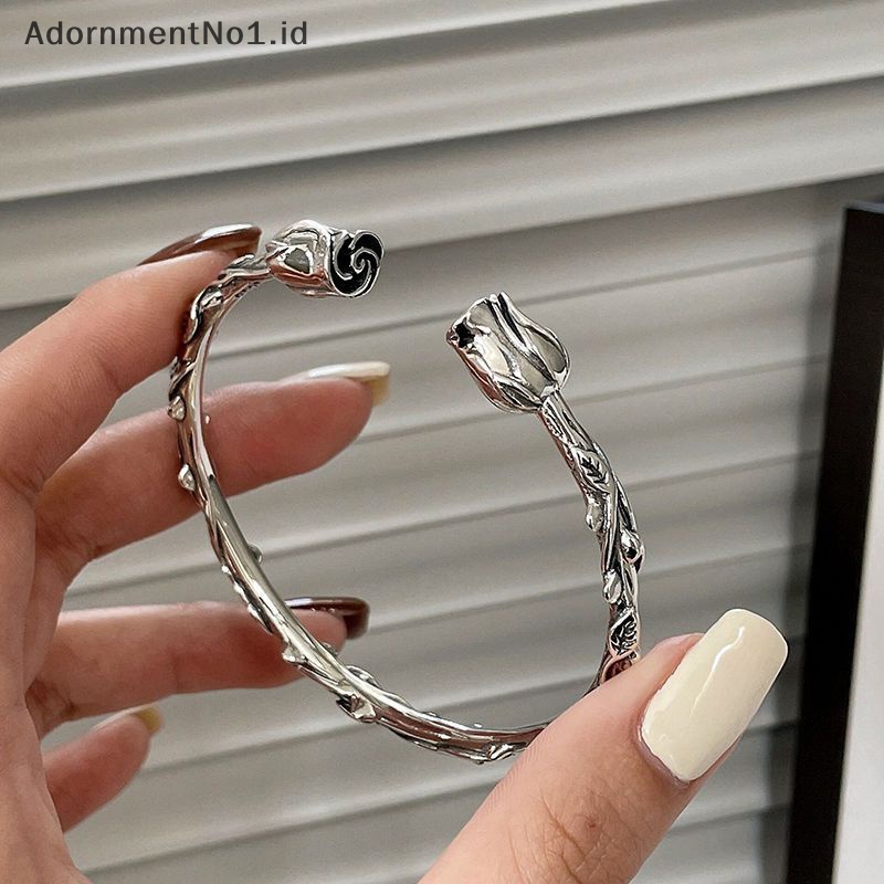 [AdornmentNo1] Warna Silver bunga mawar keren gelang pembukaan Bangle Vintage sederhana kepribadian kreatif Chic pesta perhiasan untuk wanita hadiah