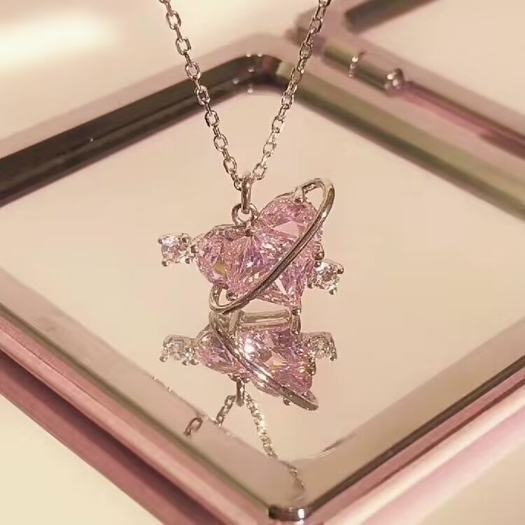 Fashion kalung rantai hati batu permata Pink liontin kristal elegan untuk aksesoris perhiasan wanita