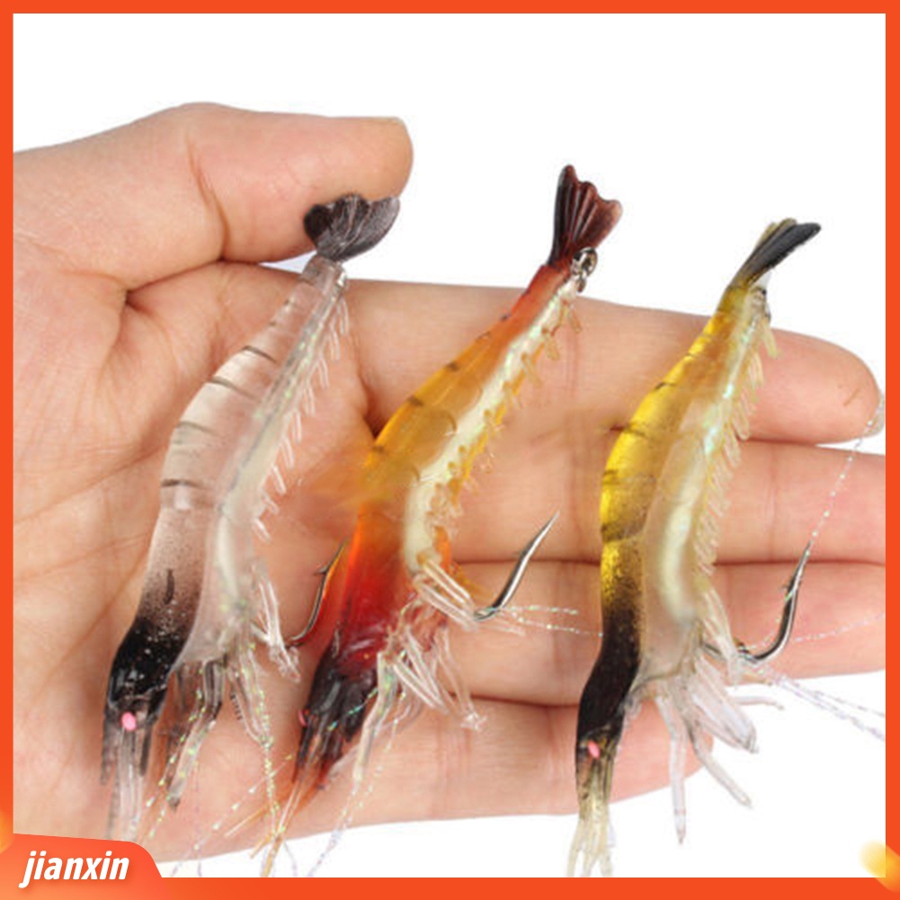 (In Stock) 3Pcs Lembut Manusia Hidup Simulasi Udang Udang Memancing Umpan Bercahaya Manik Kait Umpan