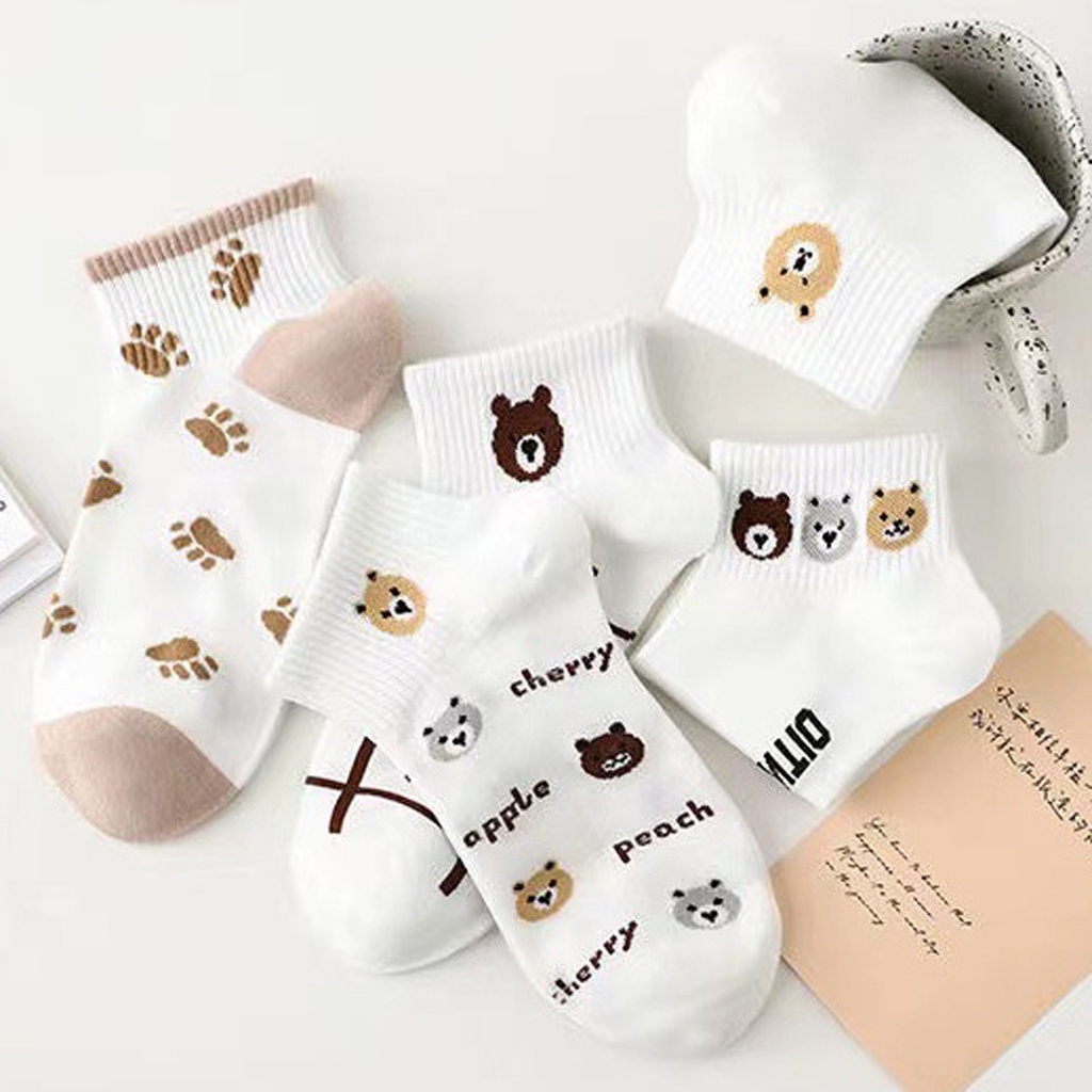 TK Kaos Kaki Pendek Wanita Karakter Beruang Garis Lucu Kaus Kaki Motif Bear Line Kaoskaki Fashion Korea Women Sock Import Murah KK097