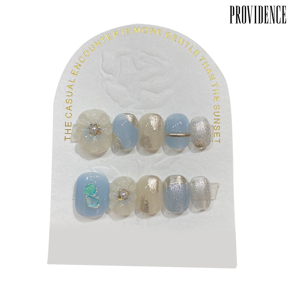 Providence 1set Press-On Kuku Lucu Bunga Kuku Palsu Penutup Penuh Buatan French Tip Wearable Kuku Palsu Dengan Desain Bling DIY Perlengkapan Nail Art