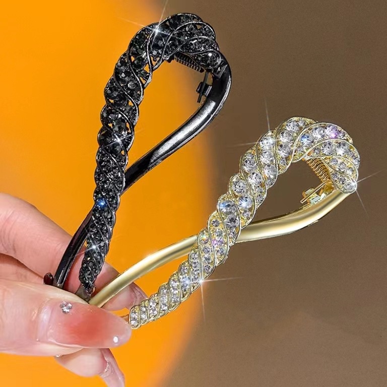 Elegan Wanita Besar Rambut Pin Pesta Pernikahan Halus Ponytail Holder Twist Clip Alloy Hiasan Kepala Hadiah Aksesoris Rambut Korea INS Style Populer Berlian Imitasi Mengkilap Gandum Jepit Rambut