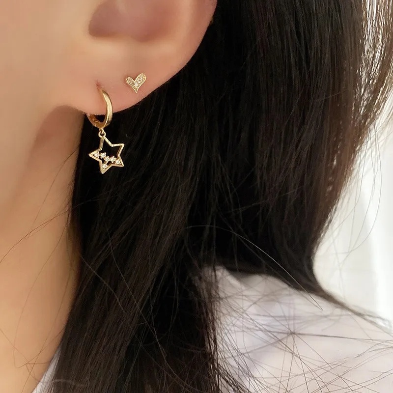 Y2k Gaya Pernikahan Anting Perhiasan Flash Hias Berlian Pengantin Hadiah Elegan Segar Korea INS Style Fashion Emas Berongga Keluar Pentagram Anting-Anting Manis