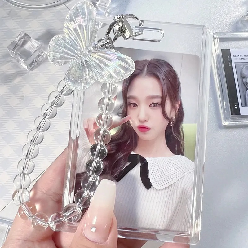 Transparan Penutup Kartu Bus Perlindungan Kristal Kupu-Kupu Manik Rantai Portabel Foto Lengan Ins Gaya Split Keyring Student Card Case Idol Photocard Card Holder DIY Insert Photoes