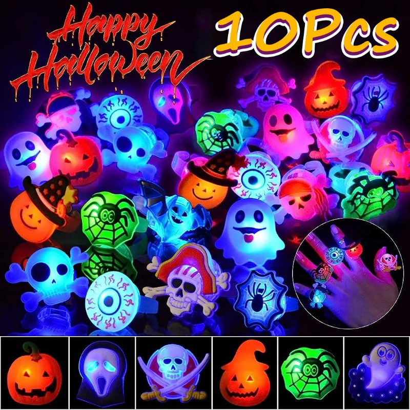 Gaya Acak 10pcs Cosplay Hadiah Perlengkapan Pesta Kreatif Adjustable Terbuka LED Flash Jari Cincin Halloween Dekorasi Lucu Halloween Labu Hantu Tengkorak Bercahaya Rings Untuk Anak