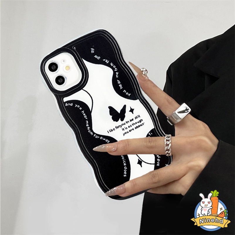 IPHONE Fashion Retro Fantasi Hitam Kupu-Kupu Bergelombang Tepi Casing Ponsel Kompatibel Untuk Iphone14 13 12 11 Pro Max X Xr Xs Max8 7 6 6s Plus SE Kamera Penuh Pelindung Shockproof Case Back Cover