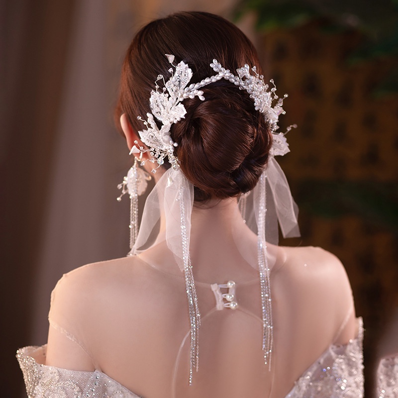 Korea New Bridal Hiasan Kepala Set Cahaya Mewah Bunga Rumbai Panjang Aksesoris Rambut