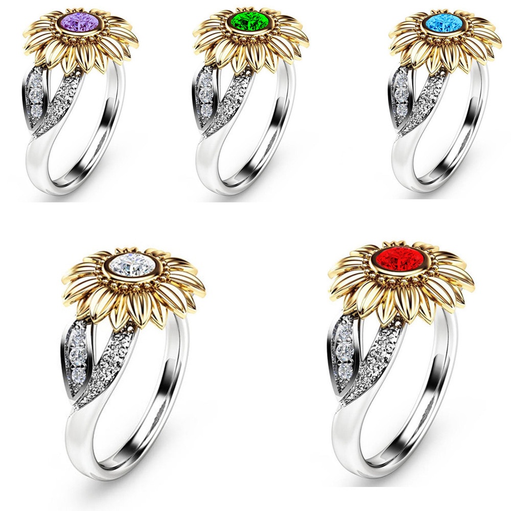 Goldkingdom Aksesoris Perhiasan Fashion Ready Stock Cincin Bunga Baru Berlapis Emas Krisan Bunga Matahari Warna Pemisahan Cincin Aksesoris Pesta Eropa Dan Amerika.