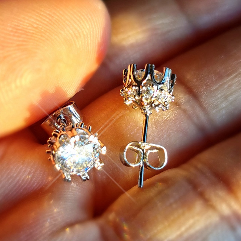 Wanita Bulat Kristal Solitaire Berlian Studs Halo Earrings