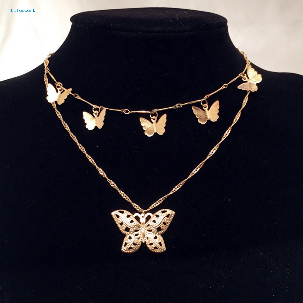 Lilyscent Wanita 2-Layer Butterfly Pendant Choker Rantai Klavikula Kalung Perhiasan Hadiah