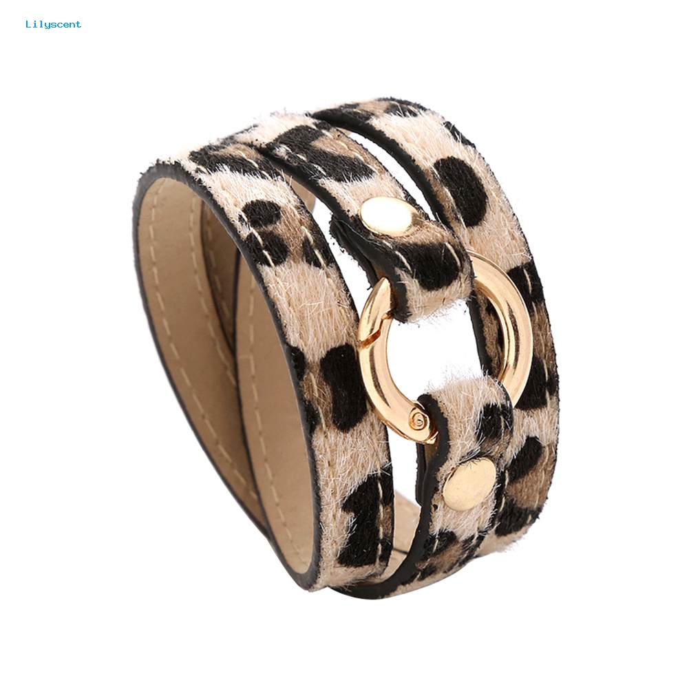 Lilyscent Wanita Multi-layer Berliku Leopard Cincin Panjang Kulit Imitasi Gelang Bangle Perhiasan