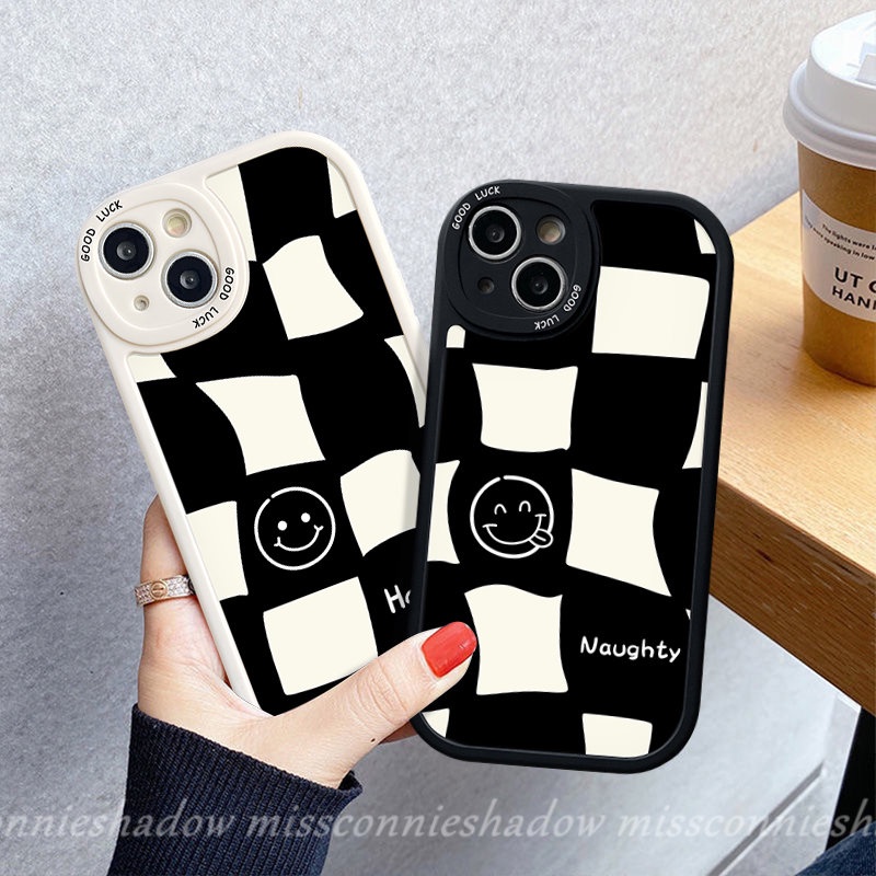 Casing Realme C53 C21Y C30 C25s C15 C55 10 C12 10 Pro Plus 5i 7i 6i 6s 6 8i 8Pro C11 C25Y C31 C35 5 9i 8 C21 GT C17 C2 C3 C20 C17 Simple Kotak-Kotak Pasangan Happy Smile TPU Sarung