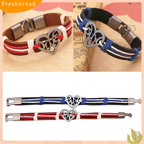 &lt; Freshbread &gt; Pasangan Kekasih Berongga Cinta Hati Rajutan Kulit Bangle Alloy Cuff Buckle Bracelet