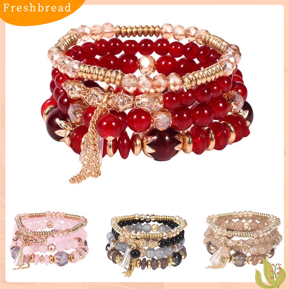 &lt; Freshbread &gt; 4Pcs/Set Boho Faux Agate Mutiara Rumbai Rantai Pesona Manik-Manik Gelang Wanita Perhiasan