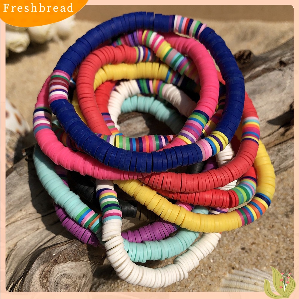 &lt; Freshbread &gt; 5/7Pcs Wanita Boho Rainbow Polymer Clay String Beads Gelang Gelang Bangle