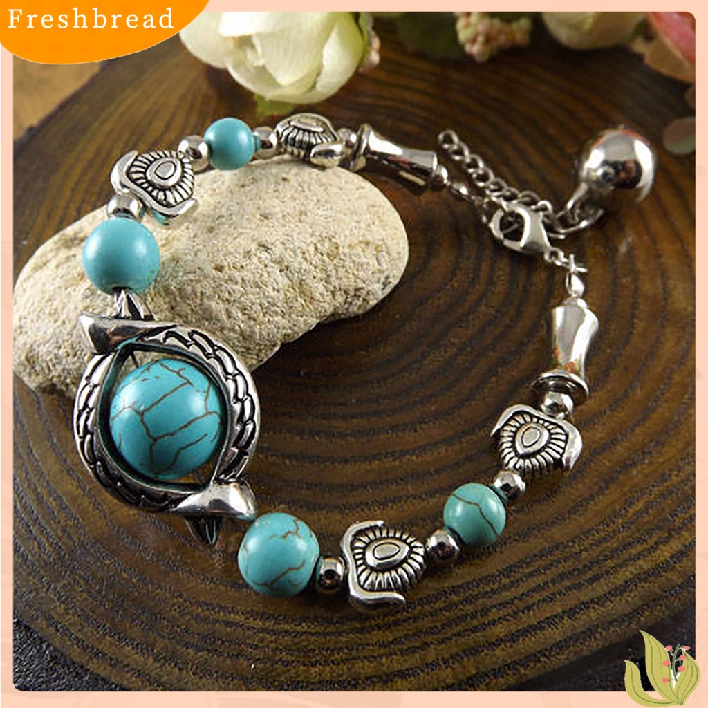 &lt; Freshbread &gt; Kupu-Kupu Dekorasi Adjustable Unisex Gelang Alloy Handmade Turquoises Beads Retro Gelang Perhiasan Aksesoris