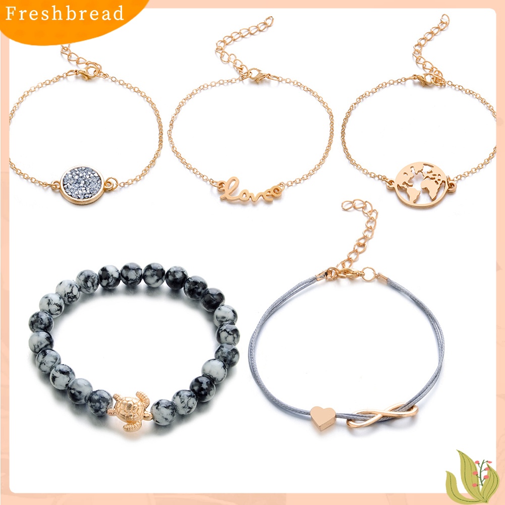 &lt; Freshbread &gt; 4/5Pcs Women Multi-Layer Beads Heart Leaf Chain Bracelet Set Pesta Perhiasan Hadiah