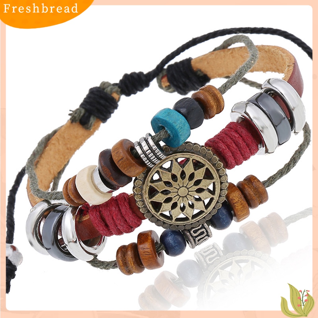 &lt; Freshbread &gt; Gelang Kulit Imitasi Vintage Tiga Lapisan Dikepang Bungkus Manik-Manik Kayu Adjustable Hias Hadiah Pria Wanita Gelang Tali Bangle Perhiasan Untuk Pakaian Sehari-Hari