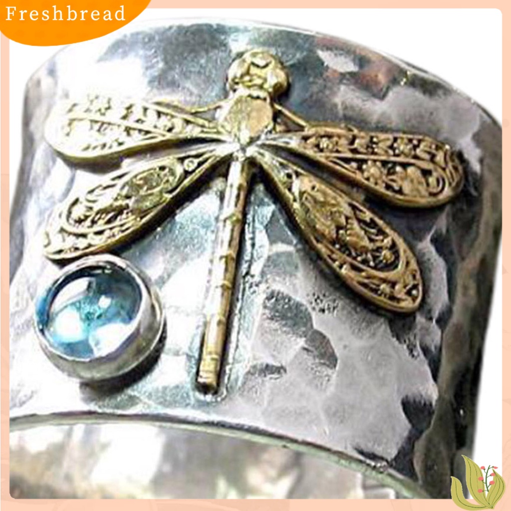 &lt; Freshbread &gt; Wanita Cincin Capung Biru Permata Imitasi Vintage Electroplating Animal Finger Ring Untuk Pernikahan