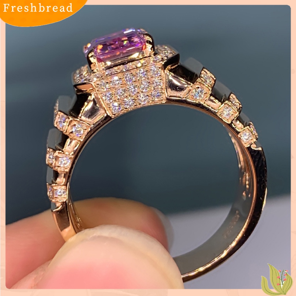 &lt; Freshbread &gt; Pengerjaan Halus Cincin Jari Tembaga Mulia Merah Muda Persegi Cubic Zirconia Pernikahan Band Perhiasan Aksesori