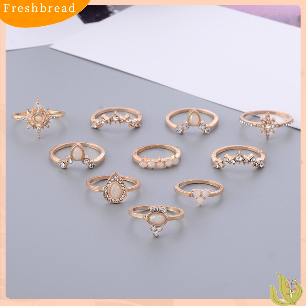 &lt; Freshbread &gt; 10Pcs/Set Wanita Tetesan Air Mahkota Berlian Imitasi Susun Midi Knuckle Finger Rings