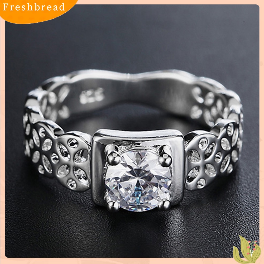 &lt; Freshbread &gt; Vintage Wanita Berongga Bunga Berlian Imitasi Perak Disepuh Jari Cincin Perhiasan Pernikahan