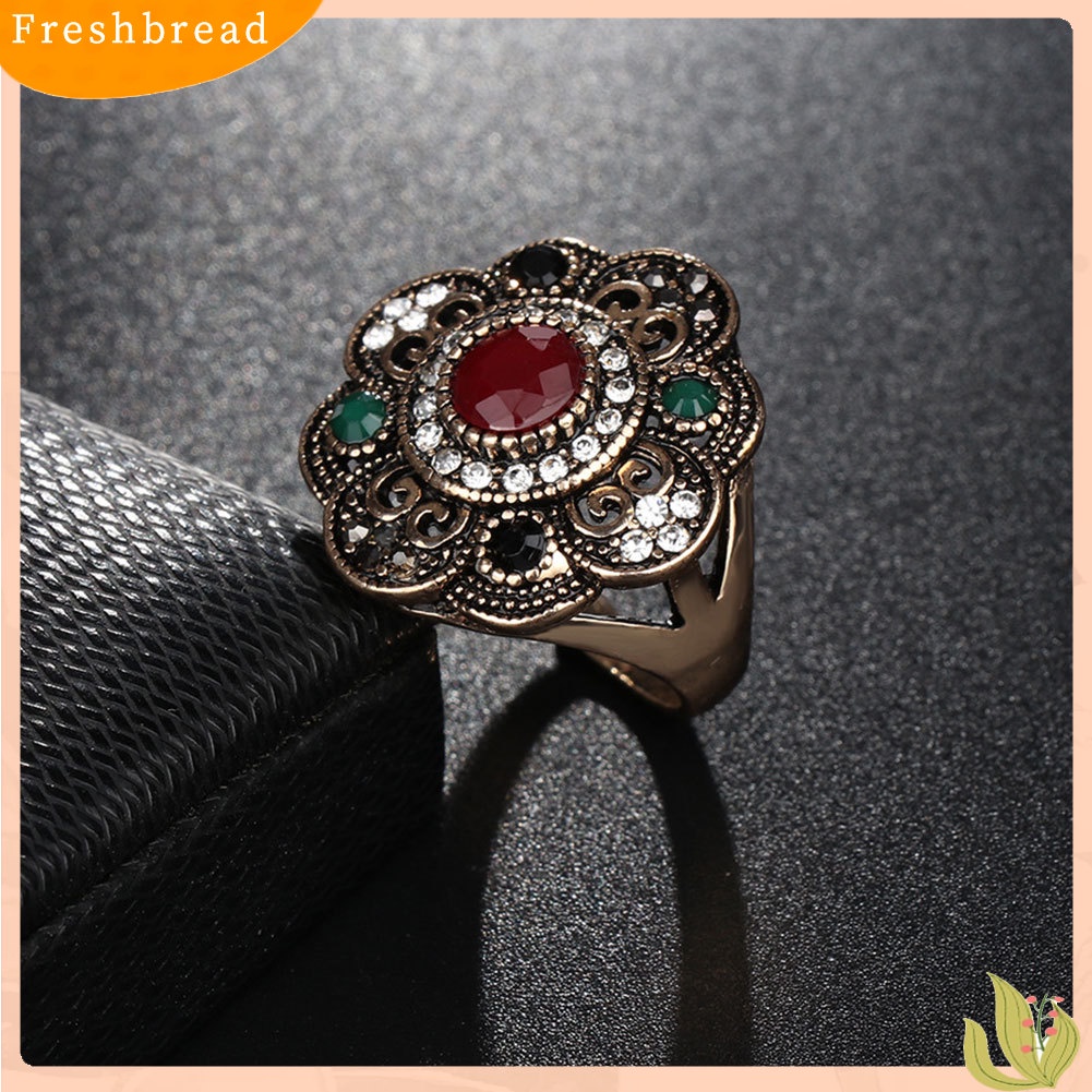 &lt; Freshbread &gt; Vintage Wanita Berongga Bunga Berlian Imitasi Pernyataan Cincin Perhiasan Pesta Cocktail