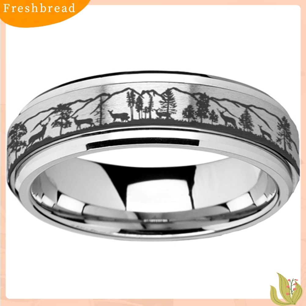 &lt; Freshbread &gt; Unisex Kreatif Hutan Stray Deer Print Titanium Steel Rotatable Spinner Ring