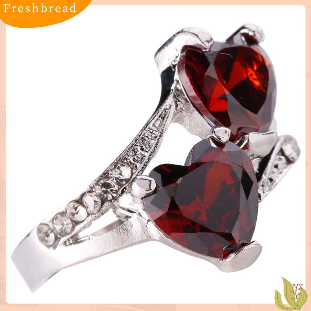 &lt; Freshbread &gt; Fashion Wanita Mewah Cubic Zirconia Berlian Imitasi Bertatahkan Cinta Ganda Cincin Hati