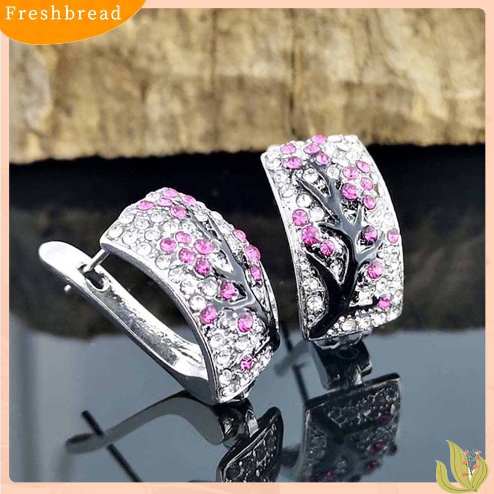 &lt; Freshbread &gt; Lady Shiny Plum Blossom Cabang Penuh Berlian Imitasi Bertatahkan Melengkung Anting-Anting Persegi Panjang