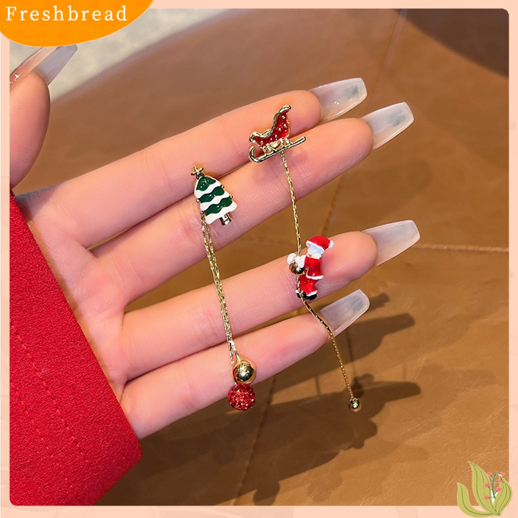 &lt; Freshbread &gt; 1pasang Anting Menjuntai Asimetris Rantai Panjang Rumbai Manis Festival All-match Dekorasi Hadiah Xmas Natal Santa Claus Snowflake Bell Drop Earrings